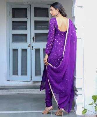 purple printed regular kurta with churidar & dupatta 4