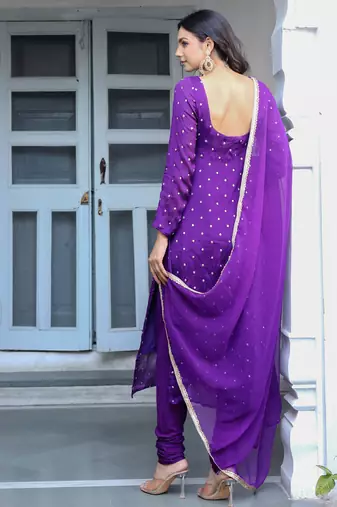 purple printed regular kurta with churidar & dupatta