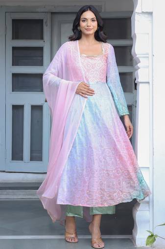 Multicolor bandhani printed a line kurta with Palazzo & dupatta