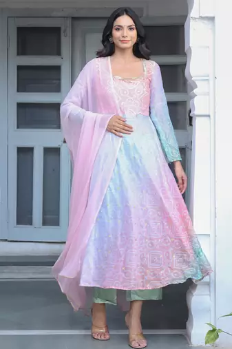 Multicolor bandhani printed a line kurta with Palazzo & dupatta