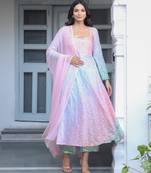 Multicolor bandhani printed a line kurta with Palazzo & dupatta