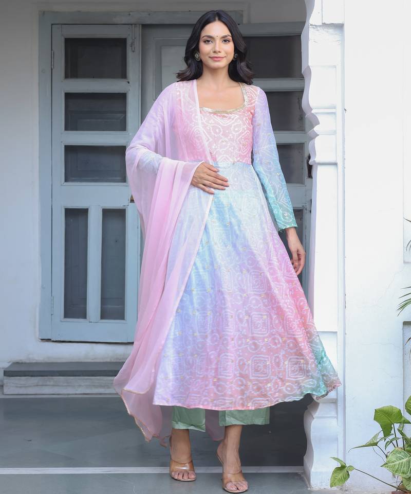 Multicolor bandhani printed a line kurta with Palazzo & dupatta