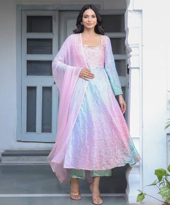 Multicolor bandhani printed a line kurta with Palazzo & dupatta 2
