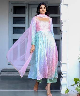 Multicolor bandhani printed a line kurta with Palazzo & dupatta 3