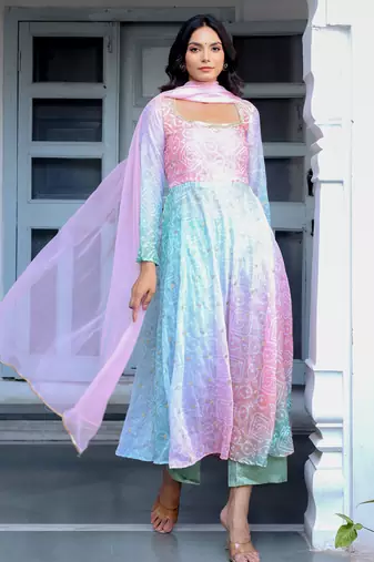 Multicolor bandhani printed a line kurta with Palazzo & dupatta