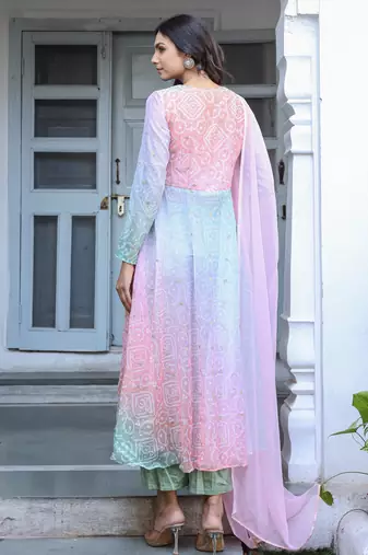Multicolor bandhani printed a line kurta with Palazzo & dupatta