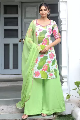 white floral printed kurta with Palazzo & dupatta