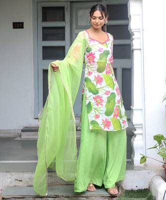 white floral printed kurta with Palazzo & dupatta 3