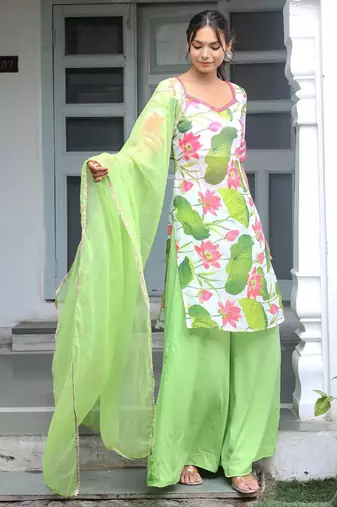 white floral printed kurta with Palazzo & dupatta