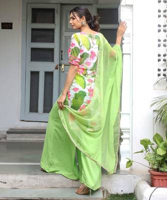 white floral printed kurta with Palazzo & dupatta 4