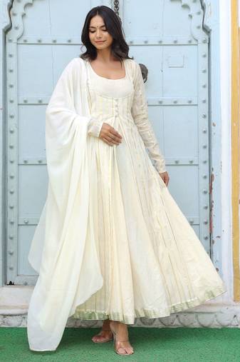 off white striped solid cotton anarkali kurta with trousers & dupatta