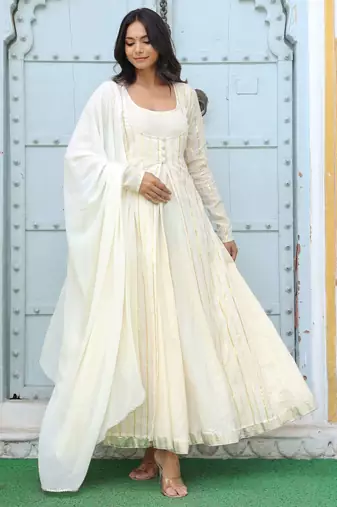 off white striped solid cotton anarkali kurta with trousers & dupatta