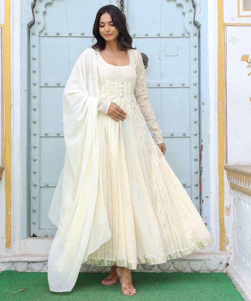 off white striped solid cotton anarkali kurta with trousers & dupatta