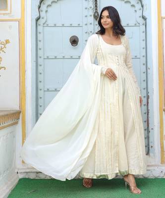 off white striped solid cotton anarkali kurta with trousers & dupatta 3