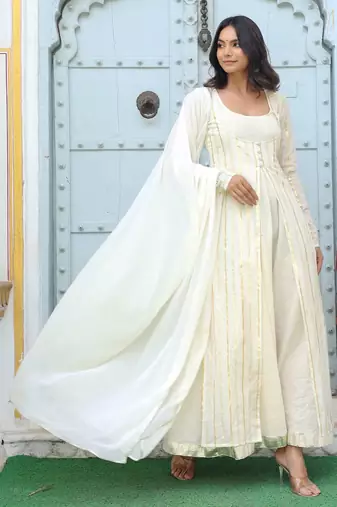 off white striped solid cotton anarkali kurta with trousers & dupatta