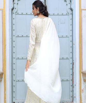 off white striped solid cotton anarkali kurta with trousers & dupatta 4