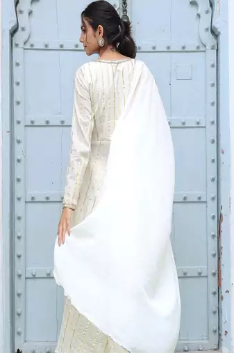 off white striped solid cotton anarkali kurta with trousers & dupatta