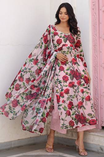 pink floral printed kurta with Palazzo & dupatta