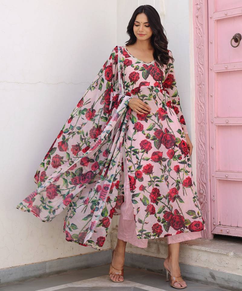 pink floral printed kurta with Palazzo & dupatta