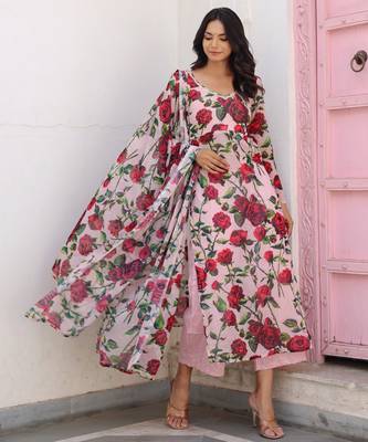 pink floral printed kurta with Palazzo & dupatta 2