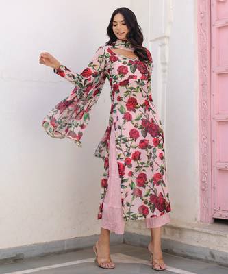 pink floral printed kurta with Palazzo & dupatta 3