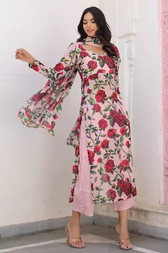 pink floral printed kurta with Palazzo & dupatta