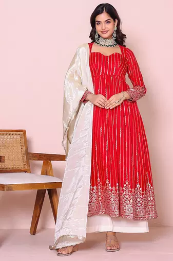 red ethnic motifs printed panelled kurta with Palazzo & dupatta