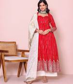 red ethnic motifs printed panelled kurta with Palazzo & dupatta