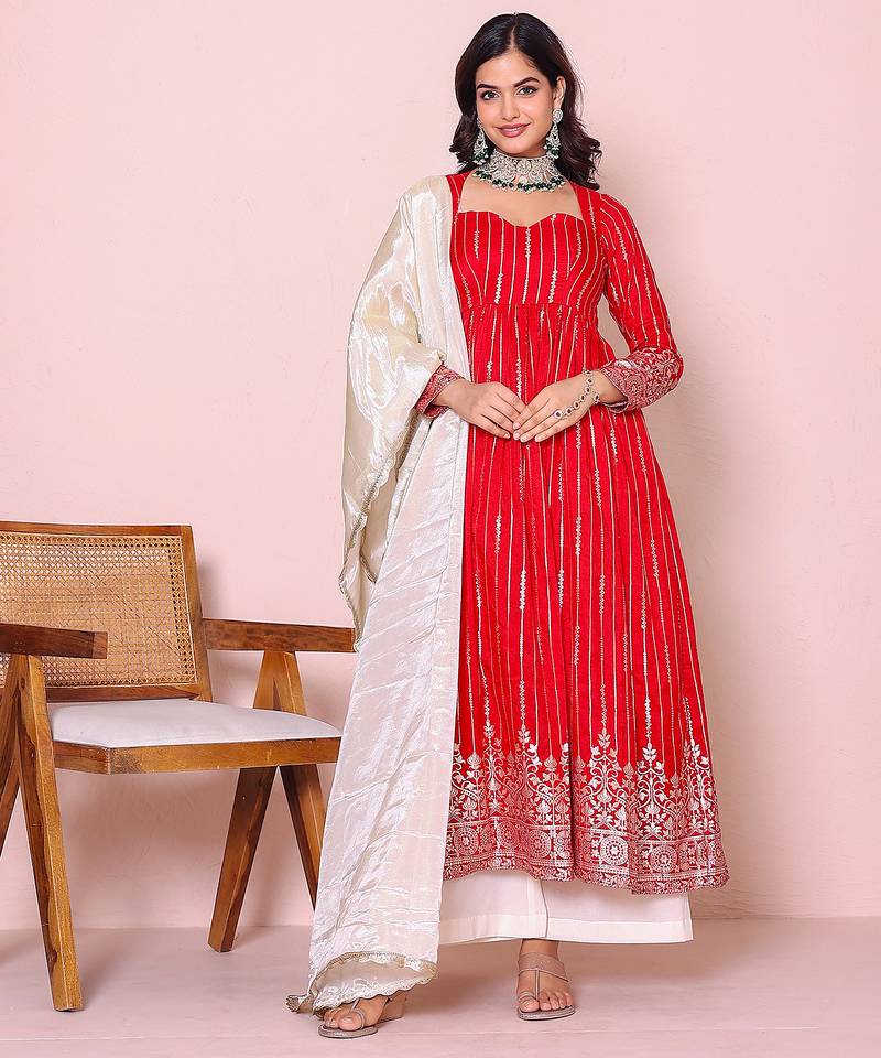 red ethnic motifs printed panelled kurta with Palazzo & dupatta