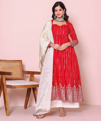 red ethnic motifs printed panelled kurta with Palazzo & dupatta 2