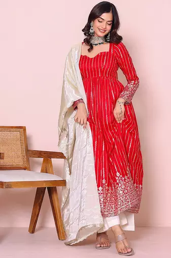 red ethnic motifs printed panelled kurta with Palazzo & dupatta