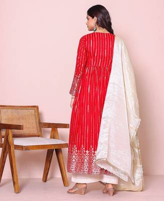 red ethnic motifs printed panelled kurta with Palazzo & dupatta 4