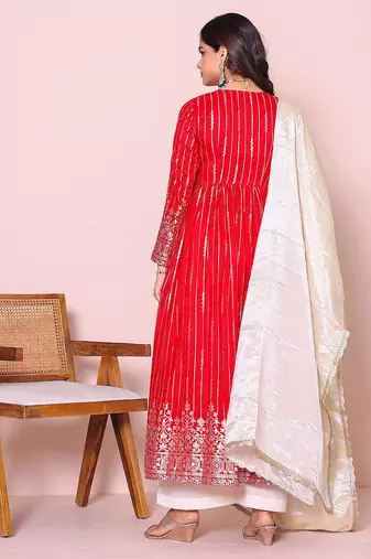 red ethnic motifs printed panelled kurta with Palazzo & dupatta