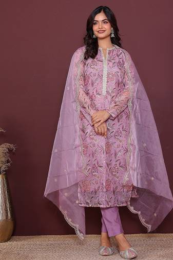 pink embroidered thread work kurta with trousers & dupatta
