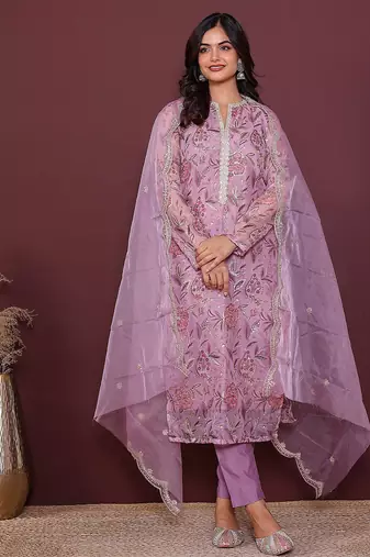 pink embroidered thread work kurta with trousers & dupatta