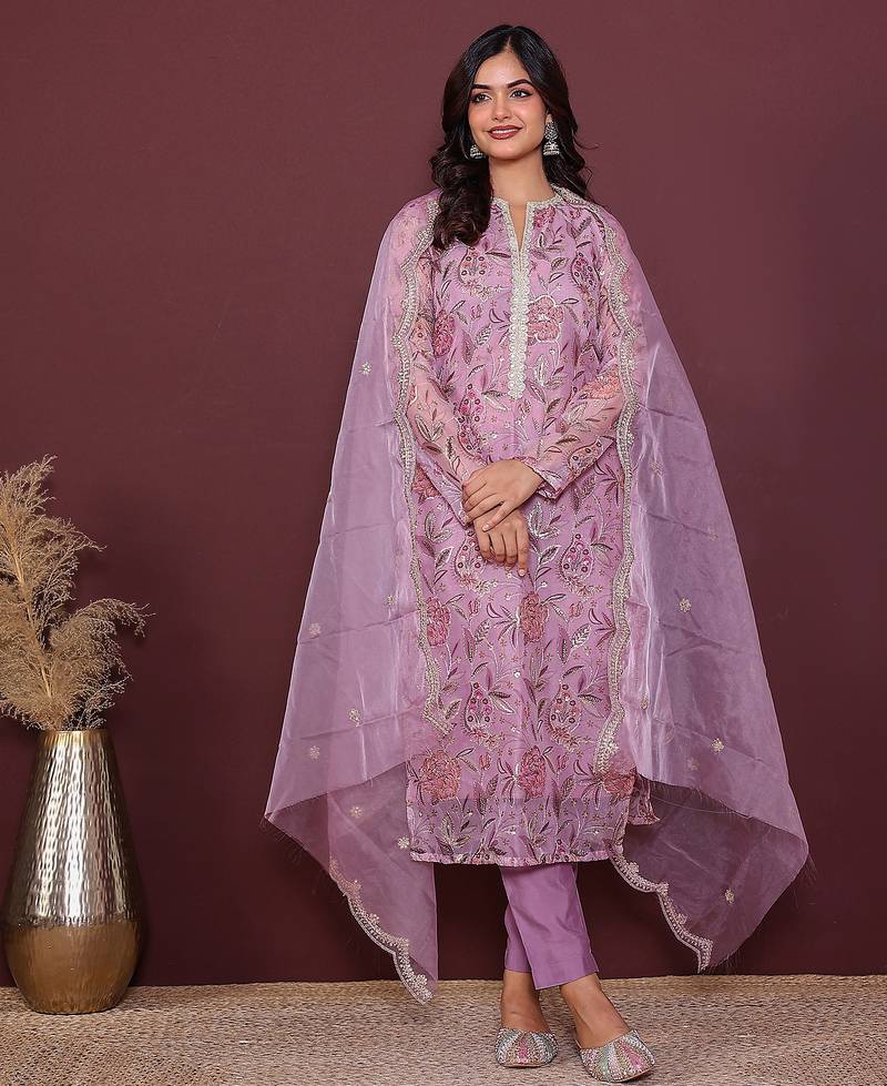 pink embroidered thread work kurta with trousers & dupatta