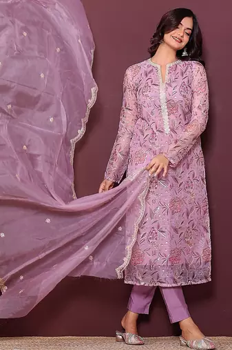 pink embroidered thread work kurta with trousers & dupatta