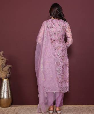 pink embroidered thread work kurta with trousers & dupatta 4