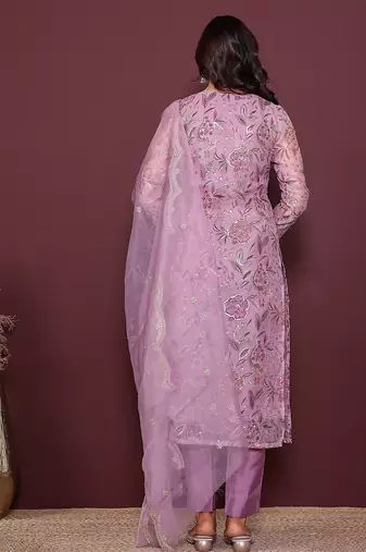 pink embroidered thread work kurta with trousers & dupatta