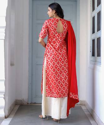 red ethnic motifs kurta & Palazzo with dupatta 3