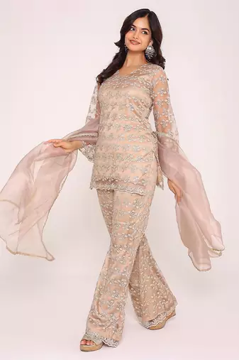 beige embroidered thread work kurti with Palazzo & dupatta