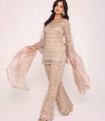 beige embroidered thread work kurti with Palazzo & dupatta