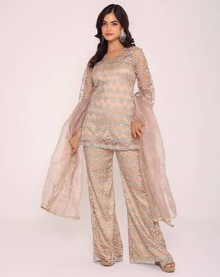 beige embroidered thread work kurti with Palazzo & dupatta 3