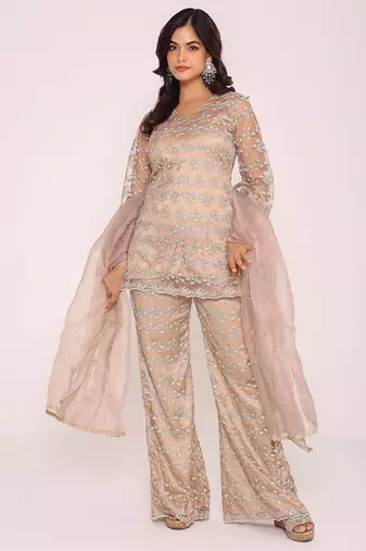 beige embroidered thread work kurti with Palazzo & dupatta