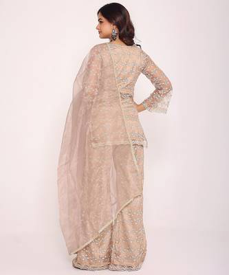 beige embroidered thread work kurti with Palazzo & dupatta 4
