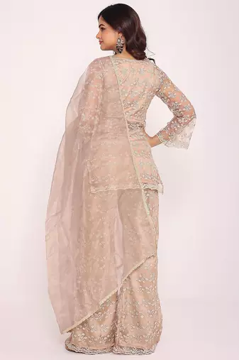beige embroidered thread work kurti with Palazzo & dupatta