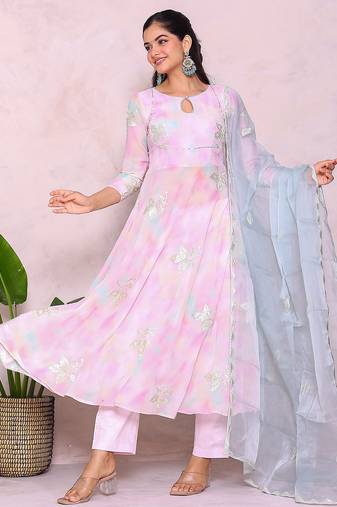 multicolor woven anarkali kurta with trousers & dupatta