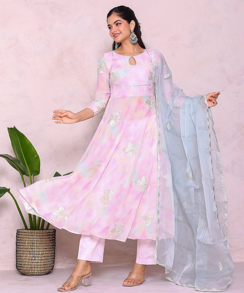 multicolor woven anarkali kurta with trousers & dupatta