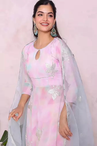 multicolor woven anarkali kurta with trousers & dupatta