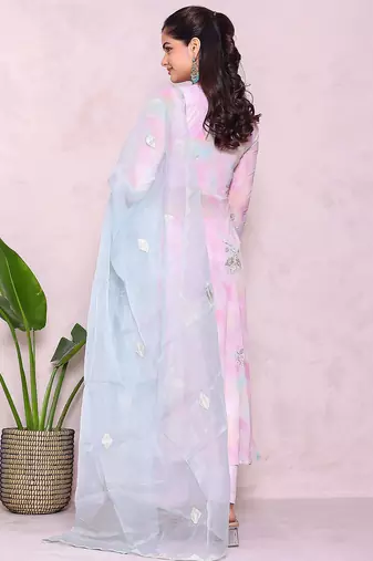multicolor woven anarkali kurta with trousers & dupatta